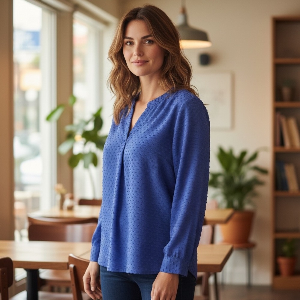 Talbots Woman Petite Blue Textured Dot V Neck Long Sleeve Blouse Top XP